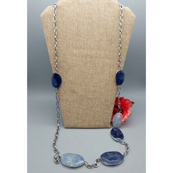 Chico's Silver Tone Long Chain Necklace with Blue Faux Stone Stations 42" Long - Picture 3 of 9